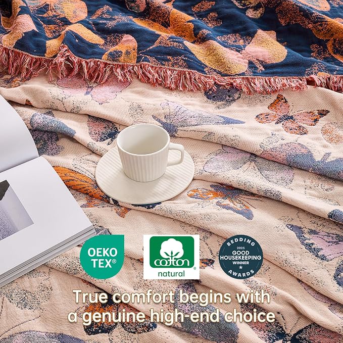 VANJOROY Boho Throw Blanket King, 100% Organic Cotton Breathable Ultra Soft 91" x 98" Bed Quilt Throw - All Season Floral Rustic Farmhouse Decor Luxury Reversible Blanket for Sofa Couch Chair and Gift