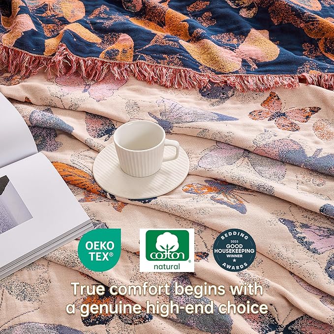 VANJOROY Boho Throw Blanket, 100% Organic Cotton Breathable Ultra Soft 50" x 60" Bed Quilt Throw - All Season Floral Rustic Farmhouse Decor Luxury Reversible Blanket for Sofa Couch Chair and Gift