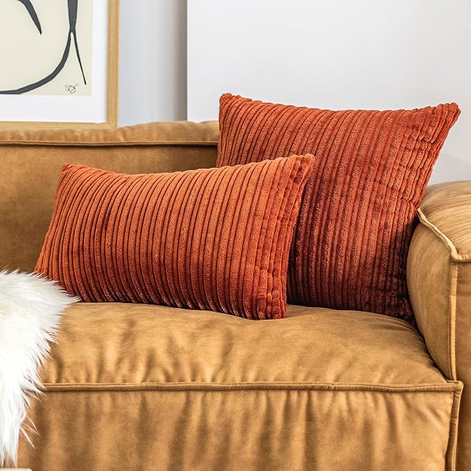 UGASA Fall Decor Super Soft Striped Corduroy Pillow Covers Large Throw Pillow Sham Cushion Cover Living Room, 2 Pcs, 26" x 26" (66cm), Burnt Brick