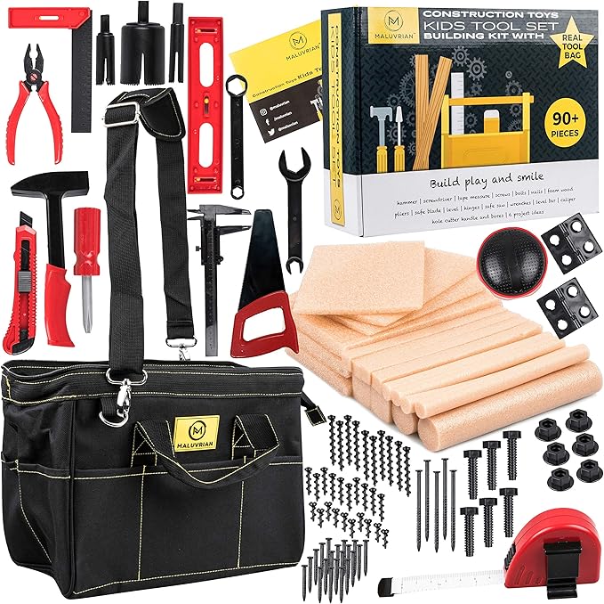 Educational Toys Building Toys - Plastic Tools - Kid Toys STEM Toys for Boys and Girls - Real Tool Bag Construction Toys Arts and Crafts Foam Wood Pretend Play Creative Toys Kids Tool Set