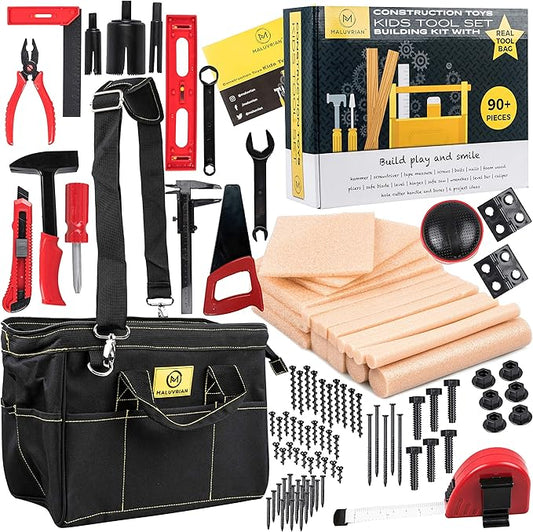 Educational Toys Building Toys - Plastic Tools - Kid Toys STEM Toys for Boys and Girls - Real Tool Bag Construction Toys Arts and Crafts Foam Wood Pretend Play Creative Toys Kids Tool Set