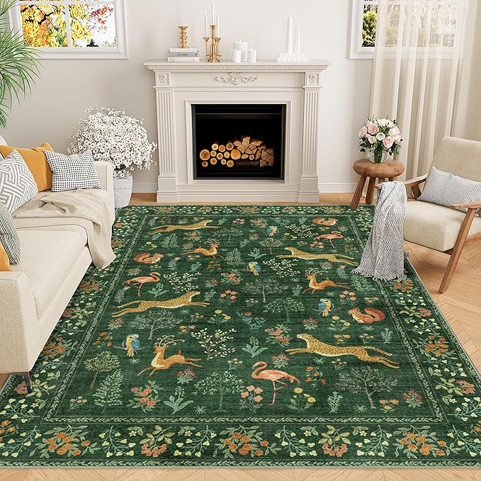 DUKINO 6x9 Area Rug, Washable Animal Living Room Rug Non Slip, Green | Soft, Low Pile, Non-Shedding Indoor Large Carpet for Bedroom, Dining Room, Kids PlayRoom, Farmhouse, Pet Friendly, Home Decor