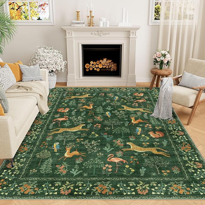 DUKINO 8x10 Area Rugs, Washable Soft Animal Bedroom Rug Non Slip, Green | Non Slip, Low Pile, Stain Resistant Indoor Large Carpet for Living Room, Dining Room, Kids PlayRoom, Farmhouse, Pet Friendly