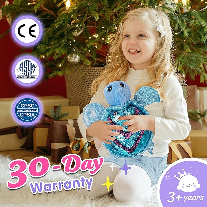 Athoinsu Reversible Sequins Stuffed Animal Sea Turtle Sparkly Soft Plush Toy Ocean Life Tortoise Throw Pillow Birthday Valentine's Day Plushie Gifts for Toddler Kids Boys and Girls, 12'' (Blue)