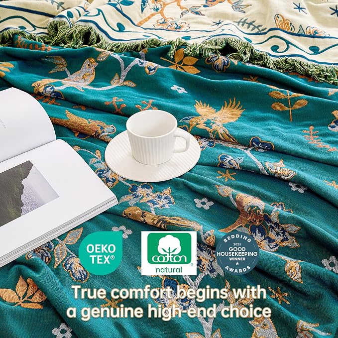 VANJOROY Boho 100% Cotton Large Throw Blanket - All Season Rustic Ultra Soft Breathable Floral Bird Blanket for Bed Sofa Couch Chair Bedspread Quilt Gift, 80" x 90"-Teal/Beige