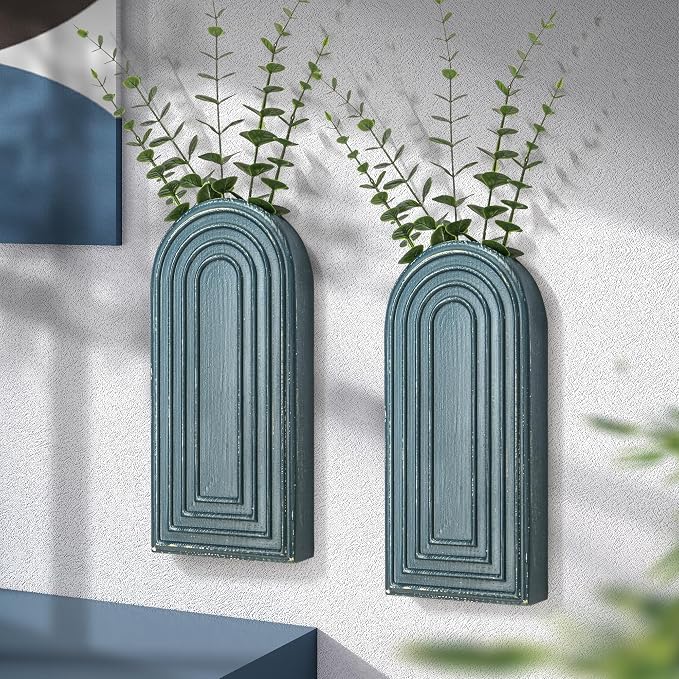 EOSAHR Wall Vase for Boho Room Decor: Wall Planter for Flowers, Denim Blue | 2Pcs, Pine Wood, 3D Embossed Lines, Round Corner Design, Blue Wall Art for Living Room, Ideal for Fake Plant