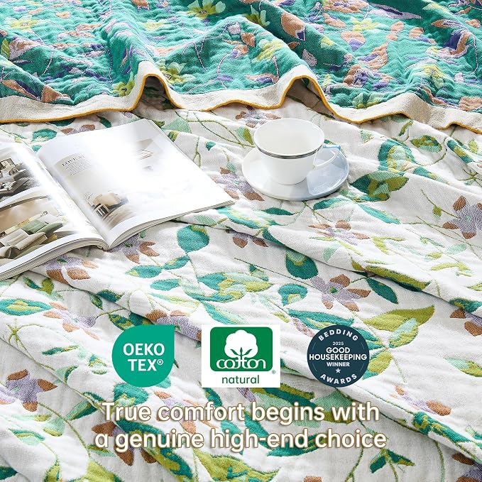 VANJOROY Boho Throw Blanket, 100% Organic Cotton Breathable Skin-Friendly Ultra Soft 60" x 80" Bed Quilt Throw - Floral Rustic Decor Luxury Reversible Blanket for Sofa Couch Chair and Gift,