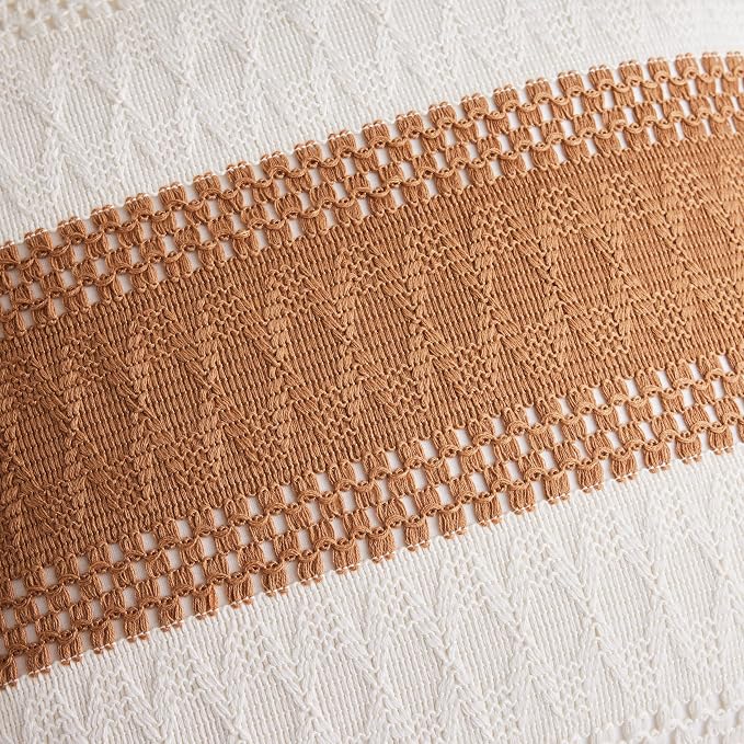 2pk Boho Pillow Covers 24x24, Natural White/Contrast/Caramel | 100% Organic Cotton Body, Stripe Embroidery, Farmhouse Decorative Cushion Covers for Sofa Bed Living Room Home Decor
