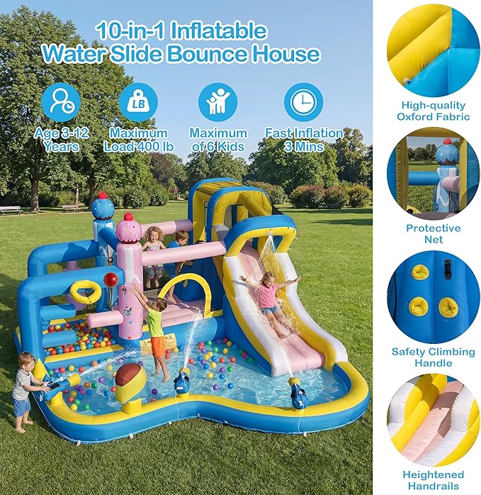 TOAOB Inflatable Water Slide for Kids 3-12: Blow Up Bounce House Backyard Water Park with 480W Blower- 10 in 1 with Pool for Outdoor Birthday Party