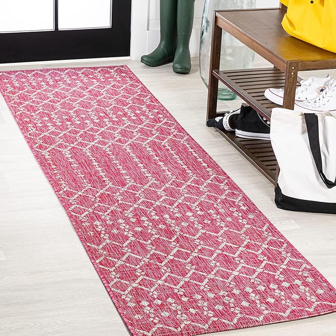 JONATHAN Y Moroccan Geometric Indoor Outdoor Runner Rug 2X8 Fuchsia/Light Gray, Ourika Textured Weave for Backyard, Patio, Porch, Easy-Cleaning, Pet-Friendly, Non-Shedding (SMB108Q-28)