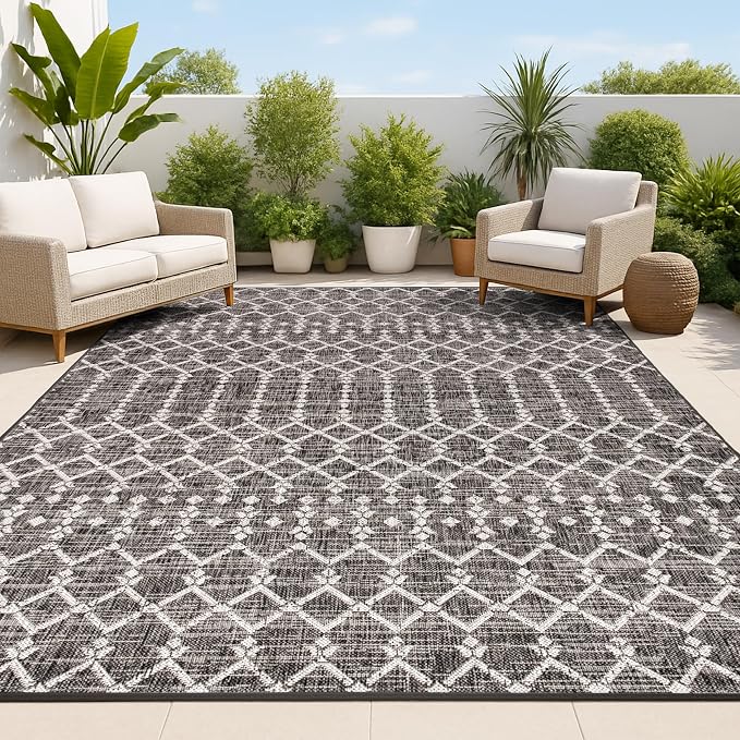 JONATHAN Y Moroccan Geometric Indoor Outdoor Area Rug 3X5 Black/Gray, Ourika Textured Weave for Backyard, Patio, Porch, Easy-Cleaning, High Traffic, Pet-Friendly, Non-Shedding (SMB108F-3)