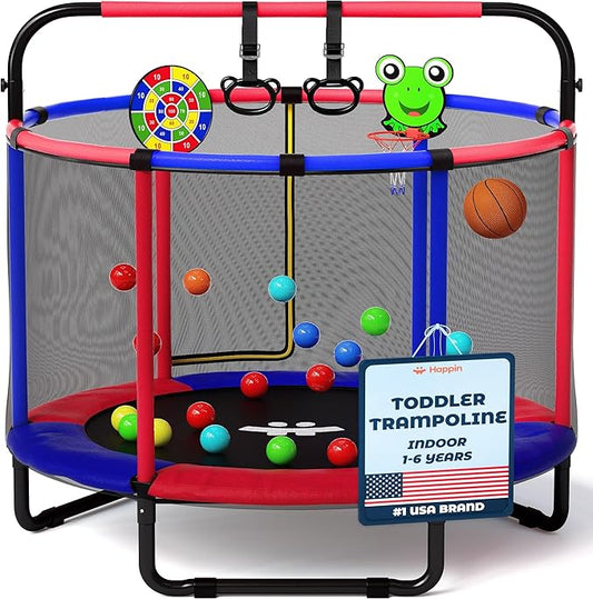 Happin® 55â€ Toddler Trampoline Indoor & Outdoor Playset, 5FT Kids Trampoline, Ultra Safe Mini Trampoline for Kids with Safety Enclosure Net, Gifts for Birthday with Basketball Hoop