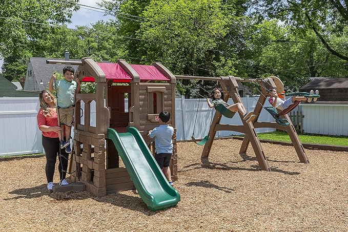 Step2 Naturally Playful Adventure Lodge Play Center with Glider, Kids Outdoor Playset, Two Tier Backyard Playground Set, Slide, Swings, Rope Ladder, Basketball Hoop, Jungle Gym, Children 3-8 Years Old