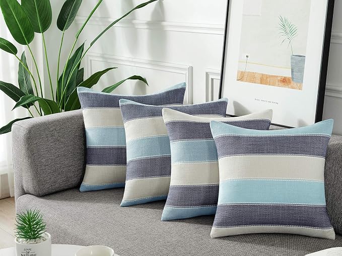 Pack of 2 Farmhouse Stripe Check Throw Pillow Covers Set Case Cotton Linen Decorative Pillowcases Cushion Cover for Couch Bench Sofa 18x18Inch Blue Beige