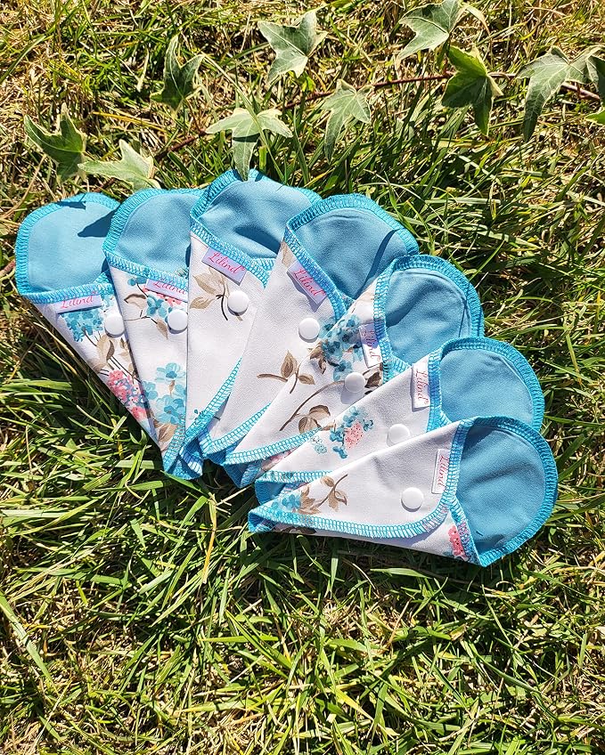 Lilind® 7 Pack Thong Pantyliners on Blue Flowers, Reusable Organic Cloth, Washable Menstrual Pads, Zero Waste 100% Cotton