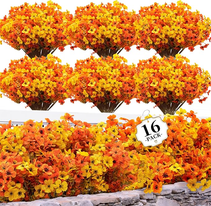 ColoPlay 16 Bundles Artificial Mums for Outdoors, Fake Flowers Fall Decor | Faux Mums for Outdoor Planters, Eucalyptus Leaves UV Resistant Fake Plants for Home Porch Box Wedding Farmhouse(Fall Orange)