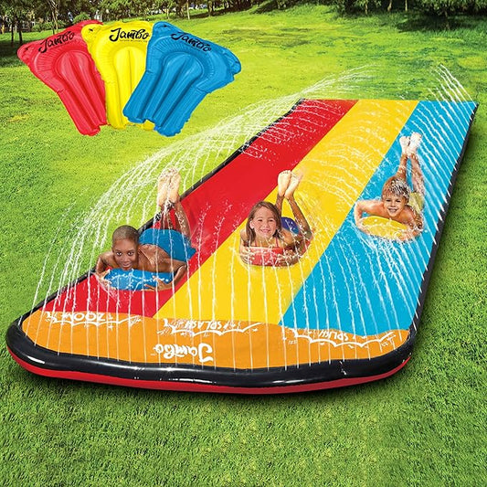 JAMBO Premium 16Ft Slip Splash and Slide and 3 Bodyboards, Heavy Duty Water Slide - 3-Way Sprinkler System, Splash Mat Pad, Backyard Outdoor Water Toys n Slides for Kids