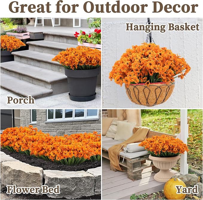 ColoPlay Artificial Mums for Outdoors, 72 Bundles Fake Flowers Fall Decor | Fake Fall Flowers Faux Mums for Outdoor Planters, UV Resistant Artificial Plants for Home Garden Porch Farmhouse(Orange)