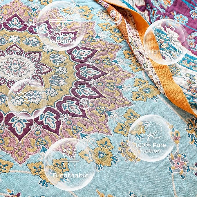 LUTBM Boho Throw Blanket for Bed 60"x80", All Season Cotton Couch Blankets | Reversible Vintage Floral Jacquard, All-Season Twin Lightweight Breathable Quilt, For Chair Sofa Bedroom Living Room Decor