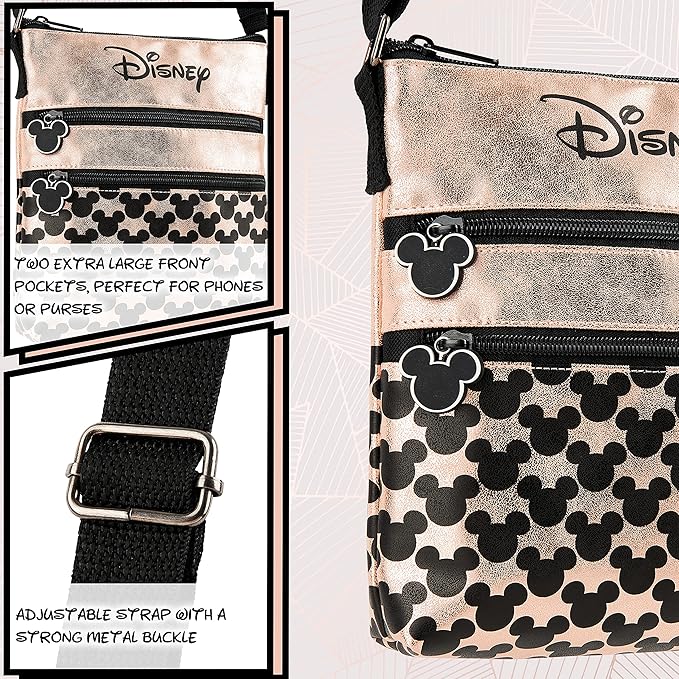 Disney Cross Body Bag for Women, Rose Gold Shoulder Bag Minnie and Mickey Mouse, Gifts for Women (Rose Gold)