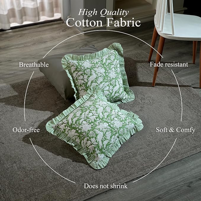 CPC Olive Green Ruffle Throw Pillow Covers for Couch, 18x18 Inch Cotton Stripe Ruffle Couch Pillows for Living Room, Hidden 14 Inch Zipper Boho Pillow Case or Cute Outdoor Pillows