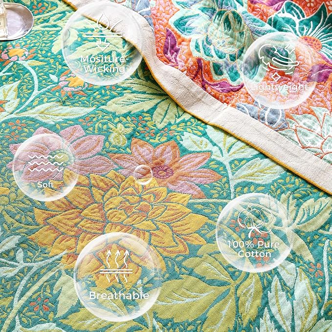 LUTBM Boho Throw Blanket for Bed 60"x80", All Season Cotton Couch Blankets | Green Reversible Floral Jacquard, Muslin Twin Quilt, For Chair Sofa Living Room Decor, Lightweight & Breathable 4-Layer Gauze