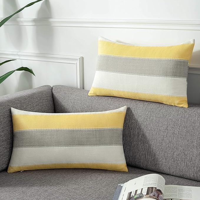 Pack of 2 Farmhouse Stripe Check Throw Pillow Covers Set Case Cotton Linen Decorative Pillowcases Cushion Cover for Couch Bench Sofa 12x20Inch Yellow Beige