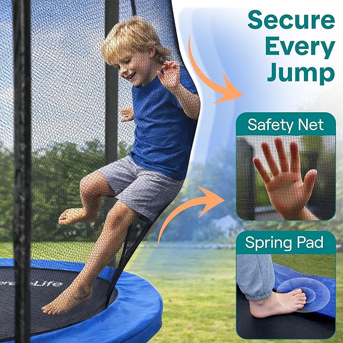 SereneLife Trampoline Outdoor 8FT 10FT 12FT 14FT with Enclosure Net, Ladder and Anti-Rust Coating - ASTM Approved Recreational Trampolines - Heavy Duty Yard Trampolines for Kids and Adults