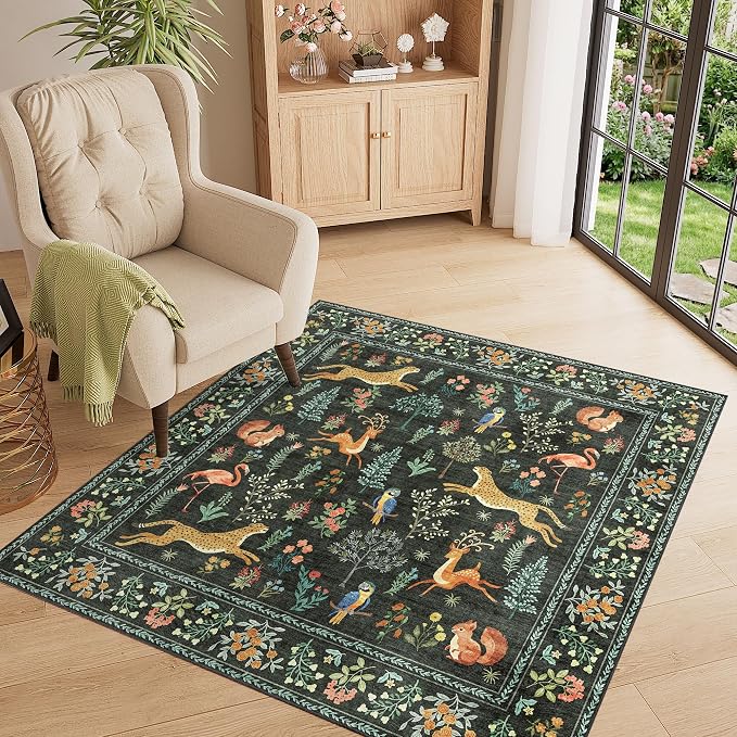 DUKINO 4x4 Square Area Rug, Washable Animal Rug for Entryway, Black | Non Slip, Low Pile, Soft Indoor Carpet for Bedroom, Kitchen, Office, Kids Room, Farmhouse, Pet Friendly, Stain Resistant