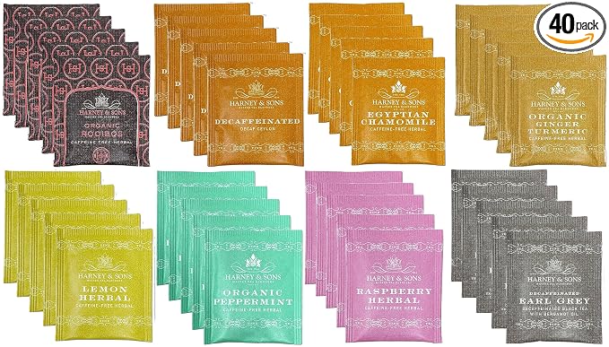 Harney & Sons Assorted Tea Bag Sampler 40 Count – Harney Decaf Tea Bags Variety Packs, Herbal Tea Bundle Caffeine Free Tea