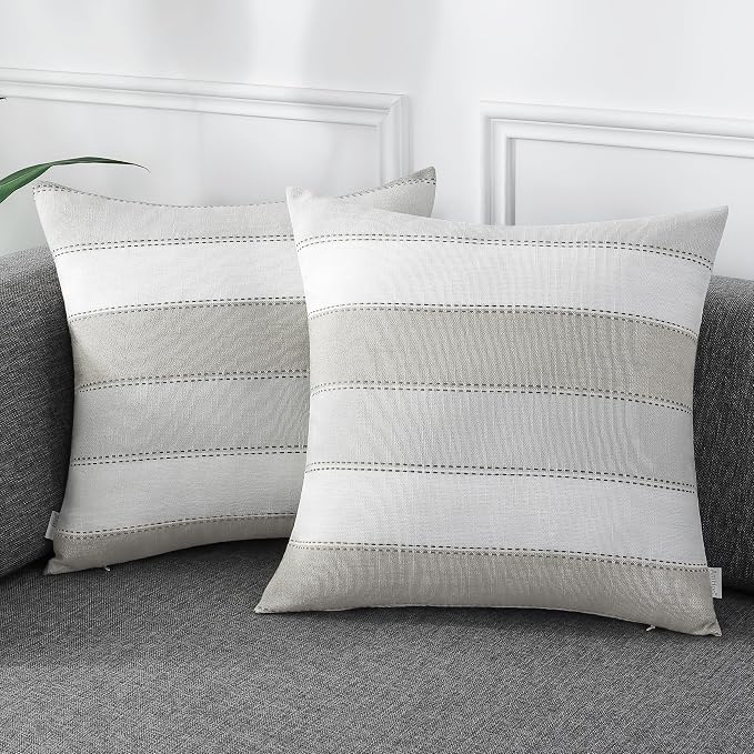 Pack of 2 Farmhouse Stripe Check Throw Pillow Covers Set Case Cotton Linen Decorative Pillowcases Cushion Cover for Couch Bench Sofa 20x20Inch Light Grey Beige