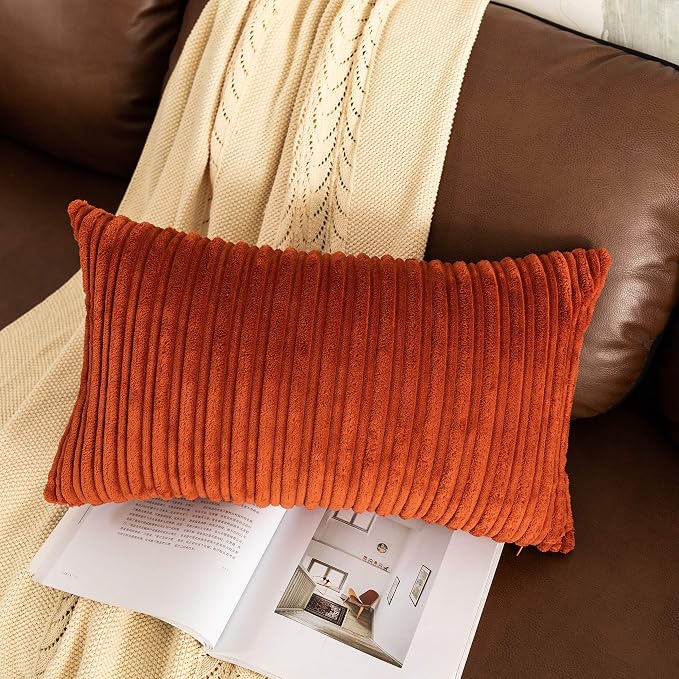 UGASA Fall Soft Lumbar Pillow Cover Stripe Velvet Decorative Oblong Pillow Cover Solid Rectangular Lumbar Cushion Case for Home Couch Sofa Living Room 1 Piece, 12x20 Inch (30x50cm), Burnt Brick