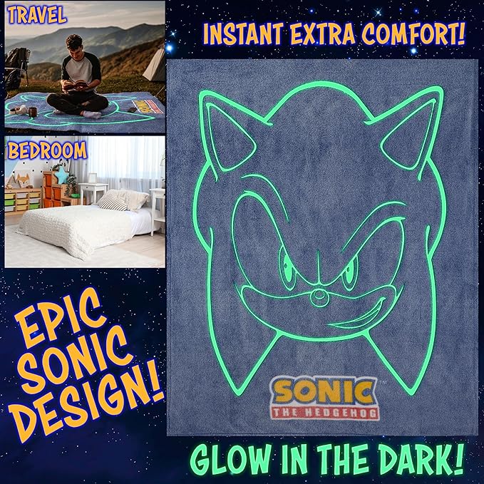 Sonic The Hedgehog Glow in The Dark Throw Blanket 51x59” for Kids, Soft Fleece Throw Blanket for Sofa Bed, Gamer Gifts for Kids (Blue Sonic)