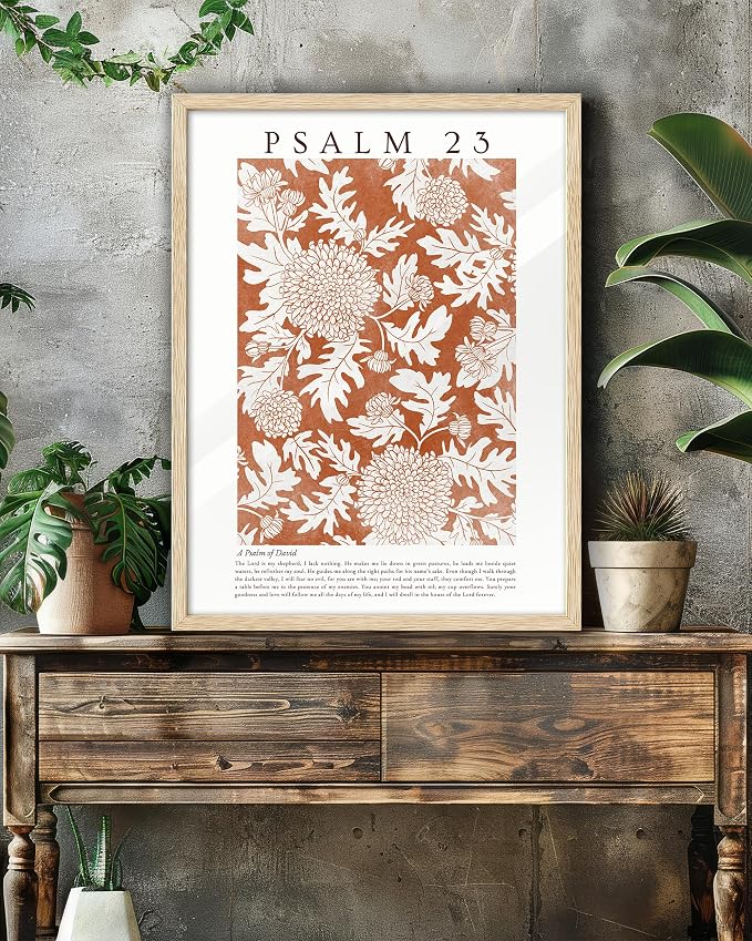EcoHest 12x16 in Psalm 23 Orange Floral Botanical Framed Christian Wall Art | Natural Oak Wood Frame with Canvas Wall Art, Scripture Bible Verse Decor for Bedroom, Living Room, Office, Church, 1Pack