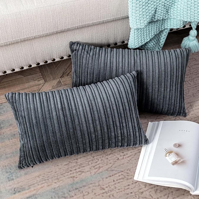 UGASA Velvet Pillow Covers Striped Decorative Throw Pillow Cover Cushion Case with Hidden Zipper for Home Couch/Bedroom/Car, Soft Cozy Solid Oblong, 1 Piece (12"x20", Dark Grey)