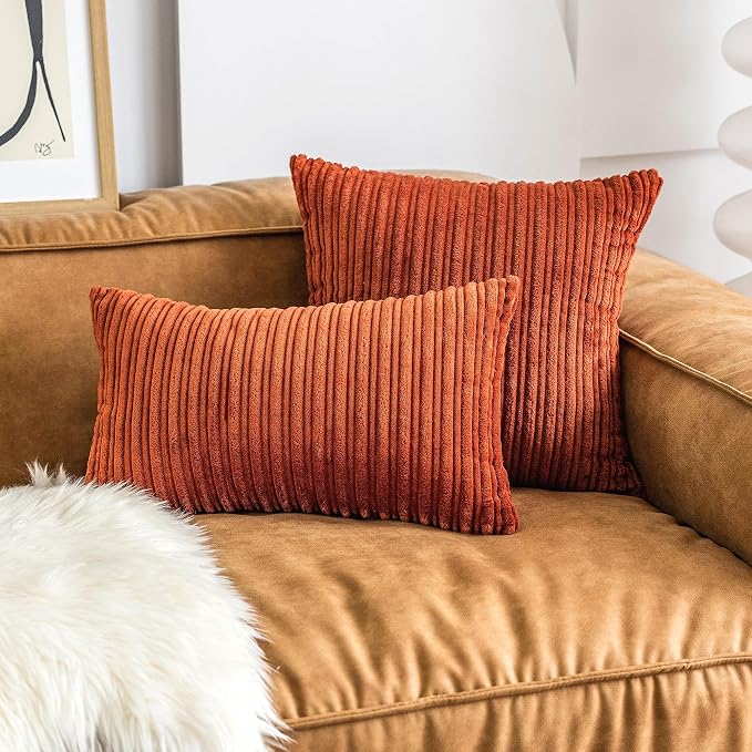 UGS UGASA Fall Pillow Covers Super Soft Striped Corduroy Large Throw Pillow Sham Cushion Cover Living Room, 1 Pc, 26" x 26" (Pack of 1) (66cm), Burnt Brick