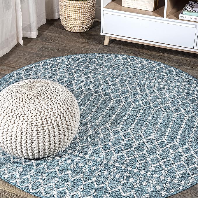 JONATHAN Y Moroccan Geometric Indoor Outdoor Round Area Rug 9 Ft Teal/Gray, Ourika Textured Weave for Backyard, Patio, Porch, Easy-Cleaning, High Traffic, Pet-Friendly, Non-Shedding (SMB108C-9R)
