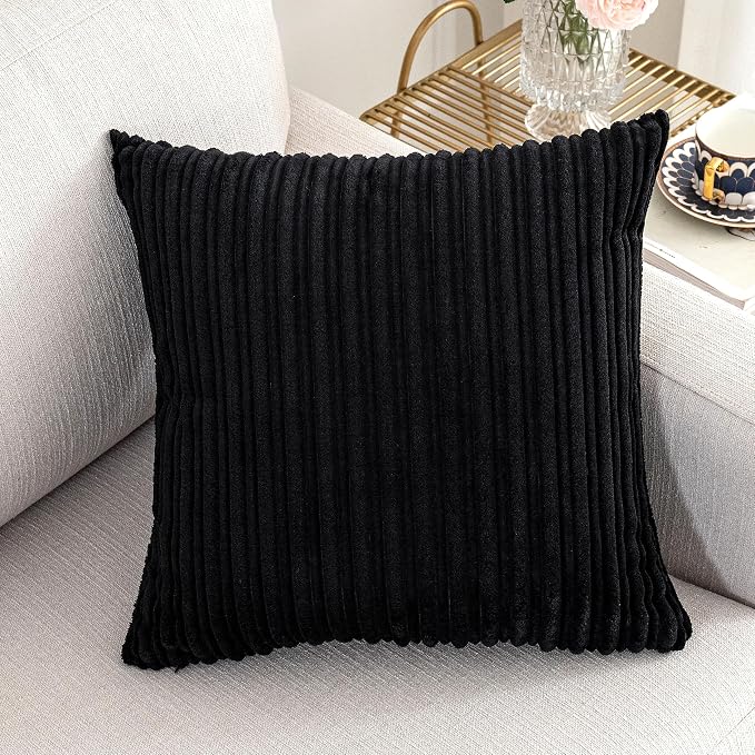 UGASA Striped Textured Velvet Corduroy Pillow Covers Decorative Sham Throw Pillow Cushion Cover for Couch, 2 Pcs, (50x50cm, 20inch), Black