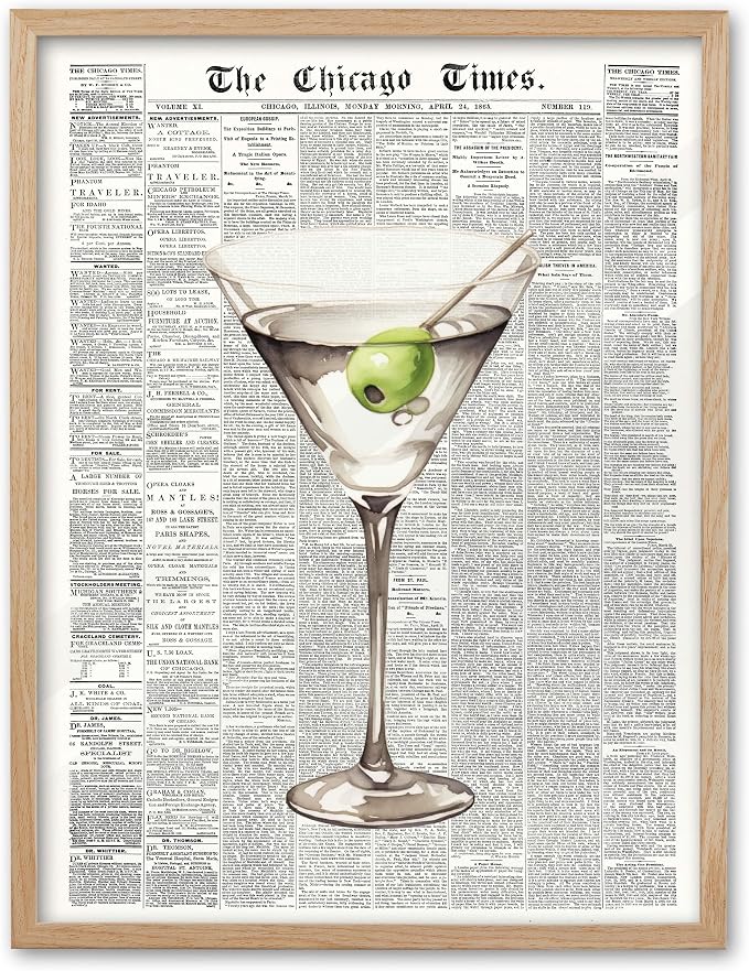 EcoHest Small 8x10 in Martini Newspaper Framed Wall Art for Bar Cart | Natural Oak Wood Frame, Canvas Wall Art, Martini Cocktail Bar Cart Decor for Living Room, Apartment, Dorm Room, Bedroom,1Pack