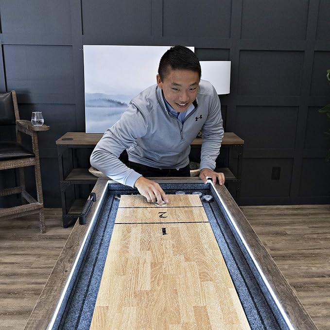 American Legend Kirkwood 9’ Shuffleboard Table with LED Rails, Bowling Game Set, Rustic Wood Finish & Accessories Included