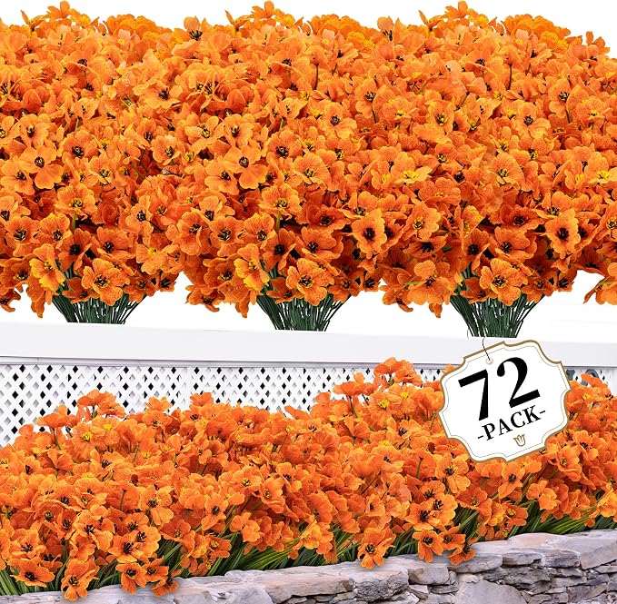 ColoPlay Artificial Mums for Outdoors, 72 Bundles Fake Flowers Fall Decor | Fake Fall Flowers Faux Mums for Outdoor Planters, UV Resistant Artificial Plants for Home Garden Porch Farmhouse(Orange)