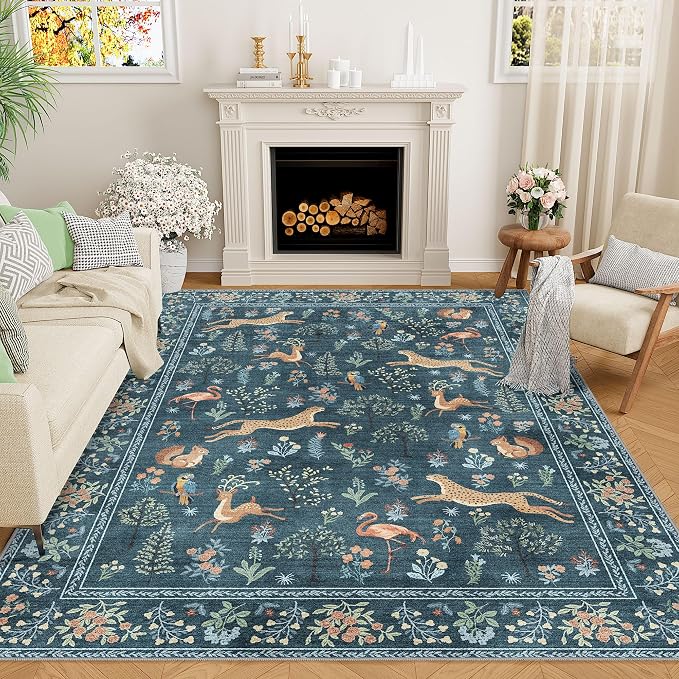 DUKINO 5x7 Area Rugs, Washable Animal Rug for Living Room Non Slip, Blue | Low Pile, Soft Indoor Carpet for Bedroom, Kids Room, Dining Room, Pet Friendly, Farmhouse, Stain Resistant, Non-Shedding