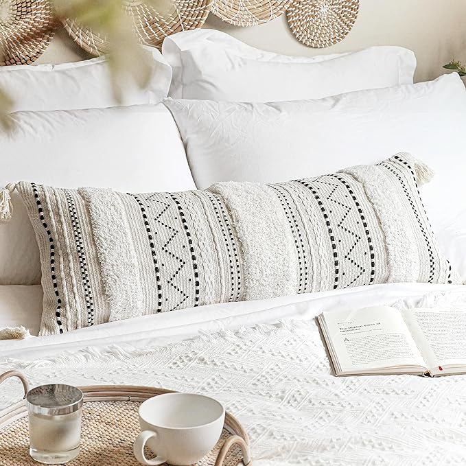 14x36 Lumbar Pillow Cover for Bed, Rectangular Long Decorative Throw Pillowcase, Boho Accent Cushion with Black Tufted Pattern and Tassels, Cream Neutral (Cover Only)