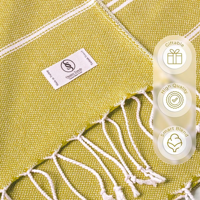 Ossano Turkish Beach Towel Quick Dry & Soft Oversized (39" x 71") - Compact, Versatile and Functional as Yoga Mat, Picnic and Travel Blanket, Cruise and Bath Towels - Mustard