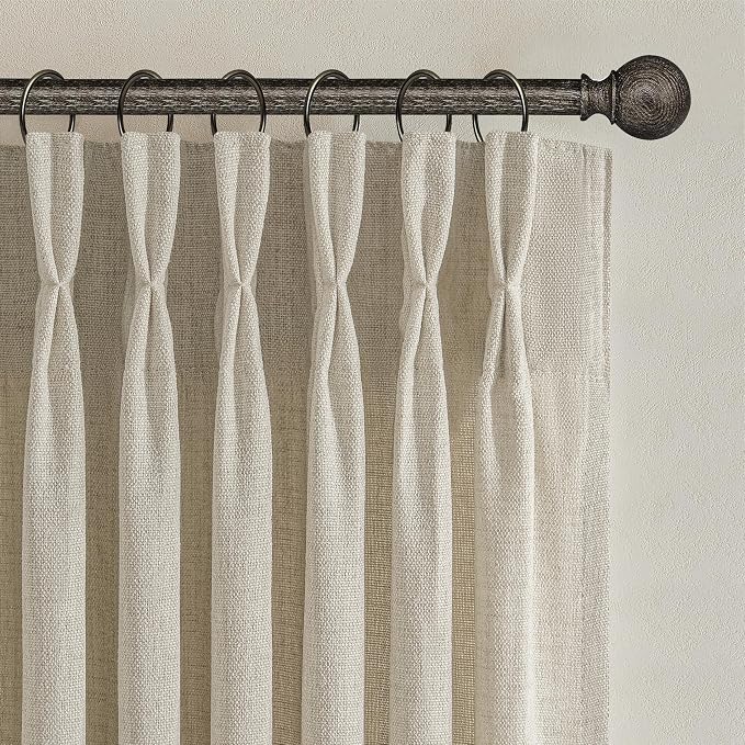 Warm Beige Flax Linen Memory Trained Pinch Pleated Sheer Curtains 90 Inches Long for Bedroom, Rustic Country Dark Taupe Light Filtering for Office Sunroom Large Window Drapes Thick Burlap 2 Panels Set
