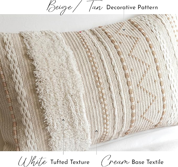 20X54 Oversized Large Lumbar Pillow Cover for Bed, Rectangular Long Decorative Throw Pillowcase, Cotton Boho Accent Cushion with Tufted Pattern and Tassels, Cream Beige Neutral (Cover Only)