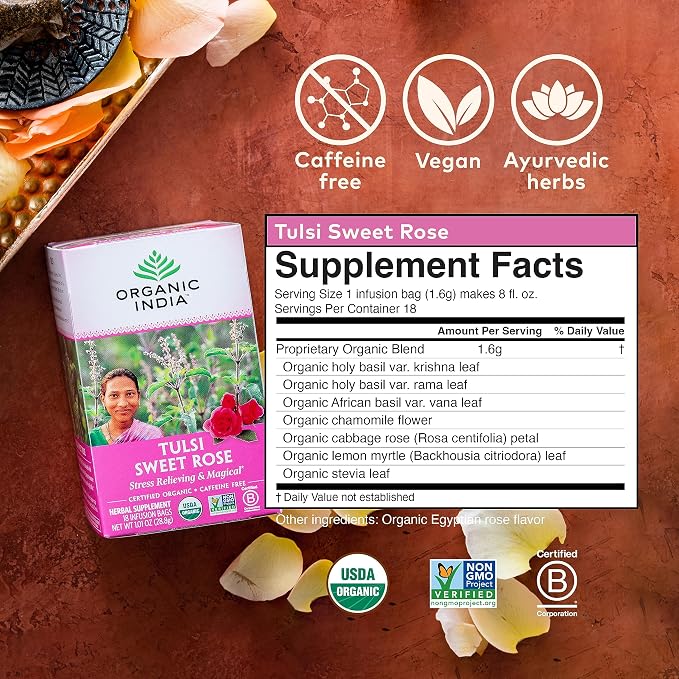 ORGANIC INDIA Tulsi Sweet Rose Herbal Tea - Holy Basil Leaf, African Basil, Chamomile, Lemon Myrtle, Stress Relieving, Caffeine Free - 18 Bags, 3 Pack