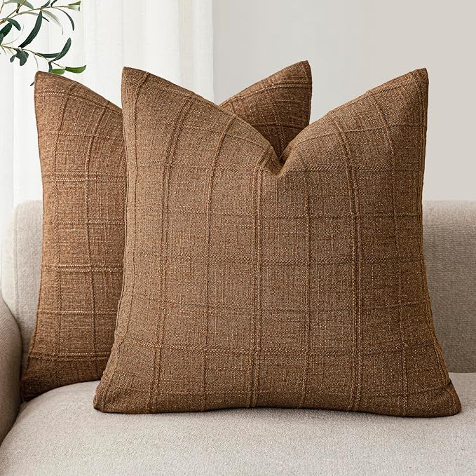 Foindtower Set of 2 Decorative Linen Check Throw Pillow Covers Neutral Farmhouse Vintage Cushion Covers Modern Boho Home Decor for Sofa Chair Couch Bedroom Living Room,22×22 Inch,Brown Hazel