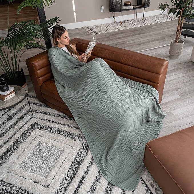 Comfy Cubs Adult Muslin Blanket 50x60” Throw Swaddle Blankets, Fern | 6 Layer Soft, Breathable & Lightweight Muslin Adult Blanket - Machine Washable & Designed in the US Bedding for All Seasons