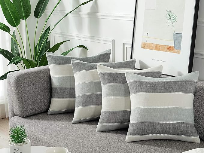 Pack of 2 Farmhouse Stripe Check Throw Pillow Covers Set Case Cotton Linen Decorative Pillowcases Cushion Cover for Couch Bench Sofa 20x20Inch Dark Grey Beige